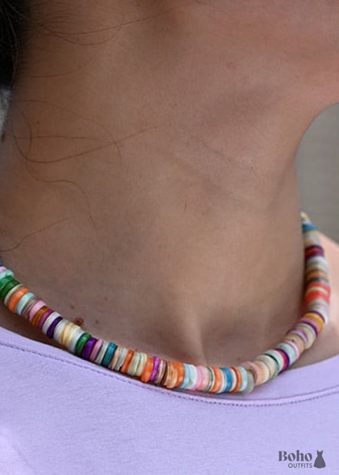 Boho Necklace, Seed Bead Choker, Colorful Shell